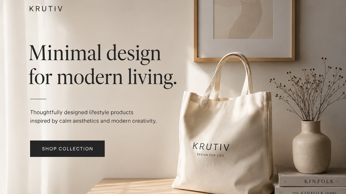 White tote bag with 'Krutiv' branding on a wooden surface, with minimal design text overlay.